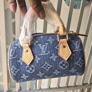 Blue Denim Monogram Micro Mini Bag with Tan Leather Trim